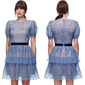 NEW Self Portrait Sheer Sequin Lace Mini Dress Blue Ruffle Sparkle Size 4 NWT